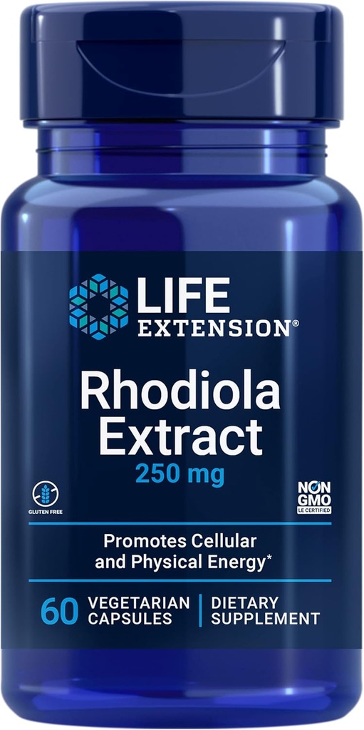Life Extension Rhodiola Extract, Rhodiola rosea supplement, standardiseret ekstrakt, fremmer fysisk og mental ydeevne, glutenfri, non-GMO, vegetar, 250 mg, 60 kapsler