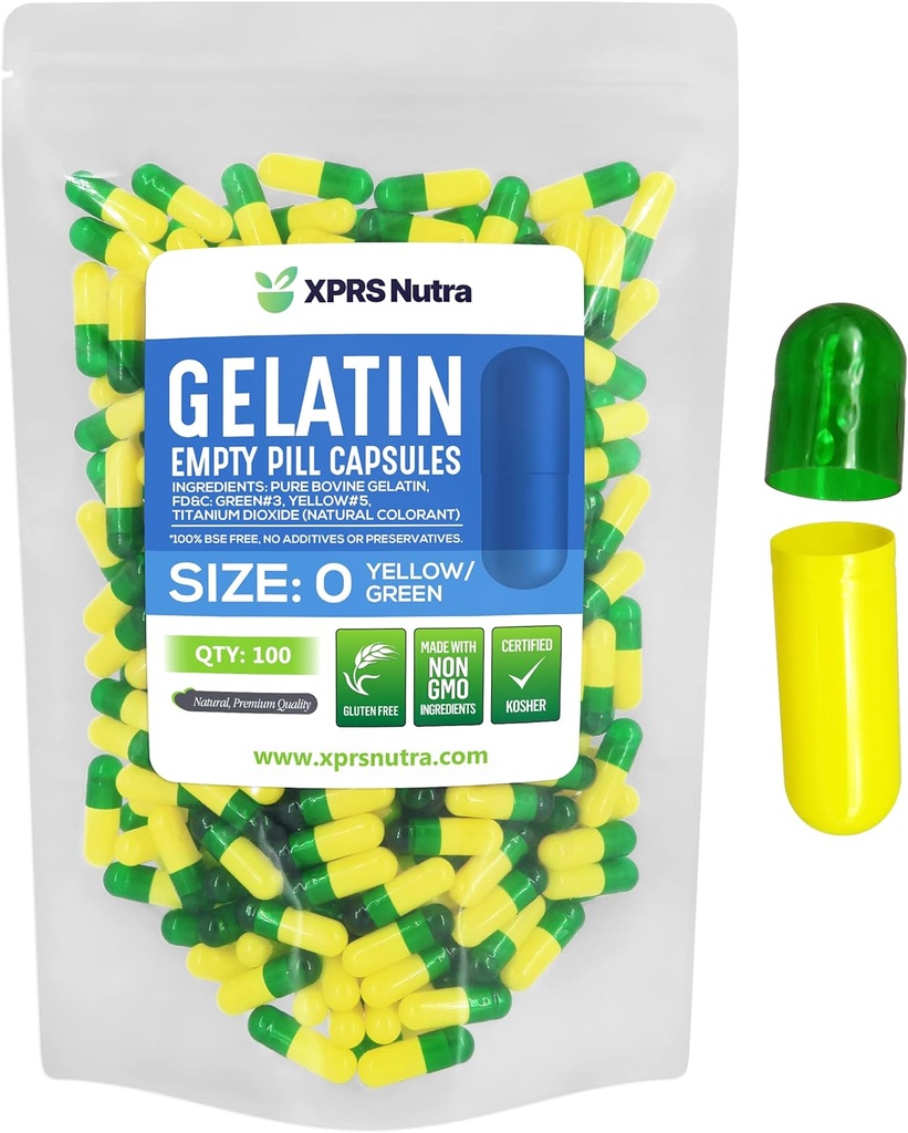 XPRS Nutra Størrelse 0 Tomme kapsler - 100 Grev Tomme Gelatine kapsler - Piller gør det selv Capsule Fyldning - Pure Bovin Pill Gel Caps til Do- It- Yourself Kosttilskud (grøn / gul)