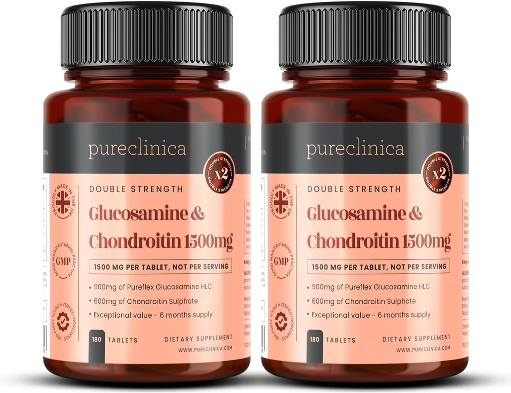 pureclinica 1500mg Glucosamin HLC og Chondroitin x 360 tabletter (2 flasker à 180) - 12 måneders forsyning. Den mest effektive og bioaktive: Chondroitin 90%, Glucosamin HCL 83,1%