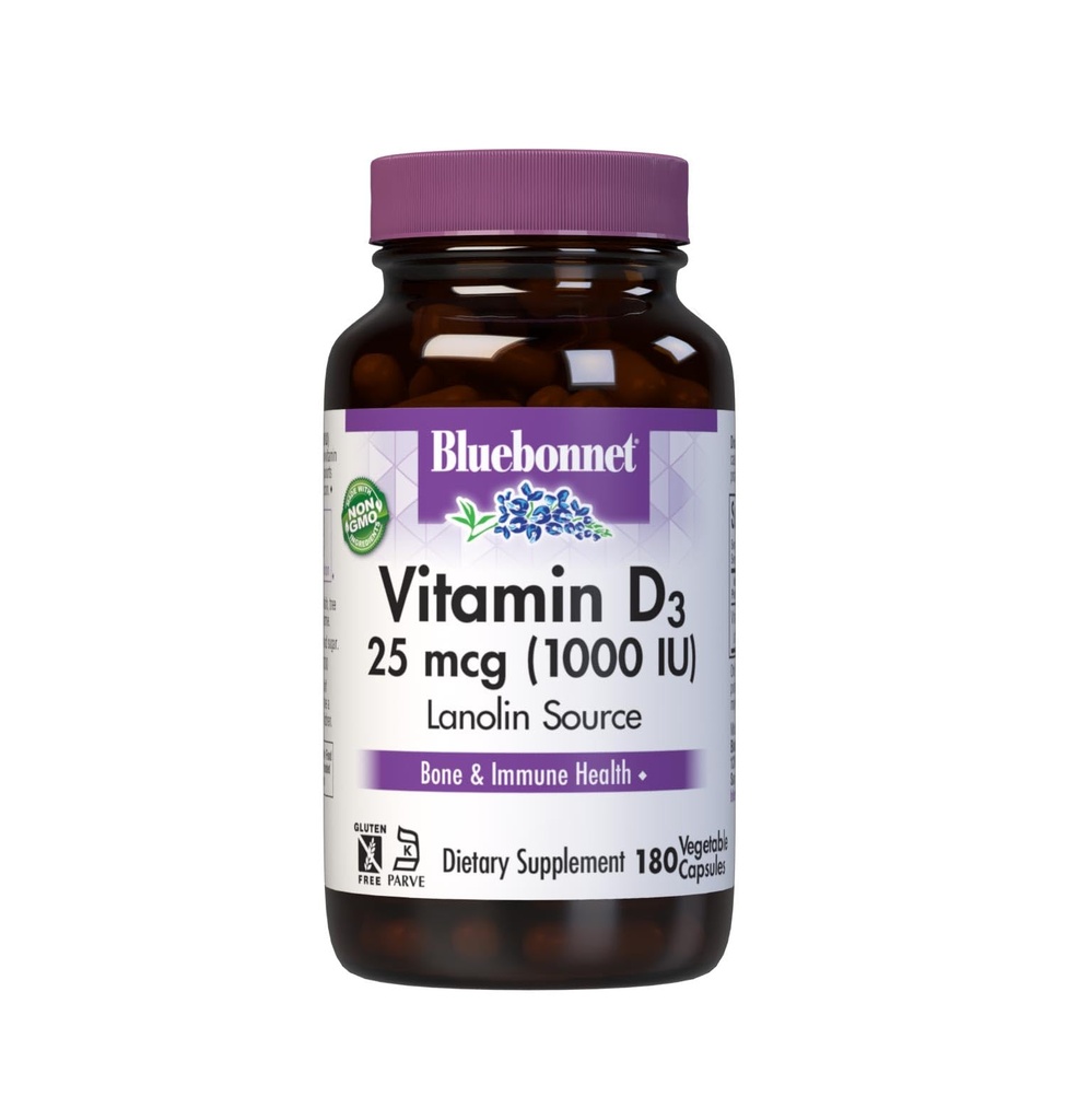 Bluebonnet Vitamin D3 1000 IE 25 mcg - Stærk Bones & Immun Support for Women & Men * Soy- Free, Gluten- Free, Non- GMO, Vegetar - Meget Absorbable D - 180 Veggie kapsler