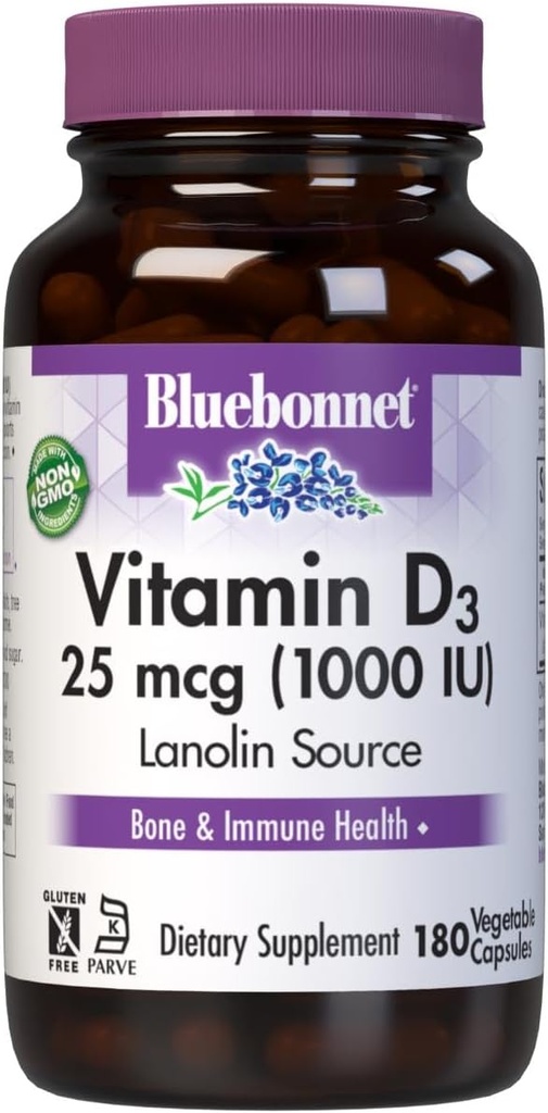 Bluebonnet Vitamin D3 1000 IE 25 mcg - Stærk Bones & Immun Support for Women & Men * Soy- Free, Gluten- Free, Non- GMO, Vegetar - Meget Absorbable D - 180 Veggie kapsler