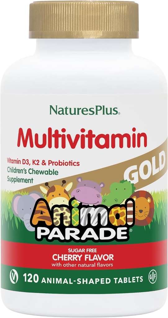 NaturesPlus Animal Parade Gold Children 's Chewable Multivitamin - Natural Cherry Flavor - 120 Animal Shaped- Tablets, pakke af 2 - med vitamin D3, K2 & Probiotika - 120 Total Servering