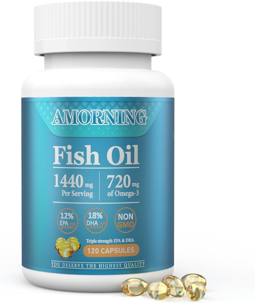 Fish- Oil Omega3- EPA DHA- Supplement Burpless- Softgels - 120Capsules 1440 mg per Serving Mini Size Sund Hjertestøtte Fedtsyrer Supplement Hjælper bevare sunde triglyceridniveauer