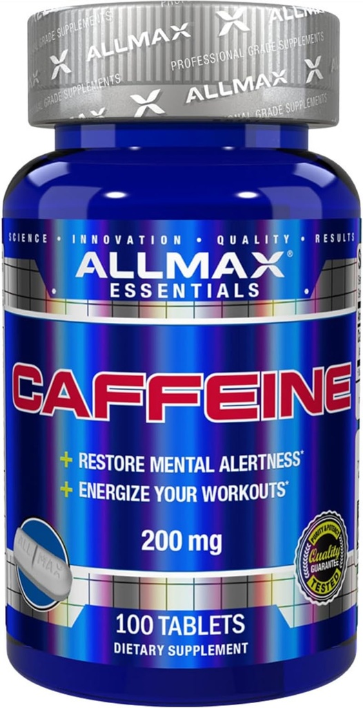 ALLMAX Nutrition Koffein piller, Vedvarende energi & Pre - Workout Mental Focus, Hurtig Absorbing & Vegan, 200 mg, 100 tabletter
