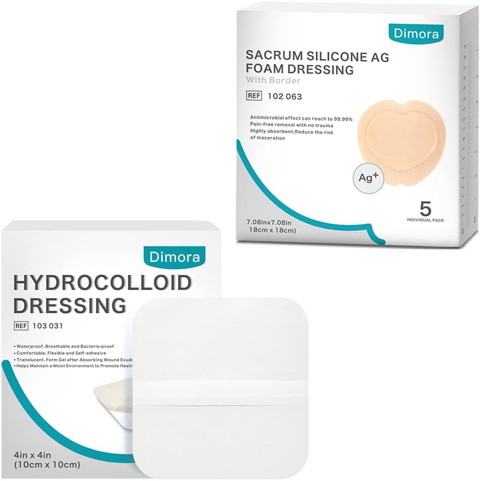 Hydrocolloid tudepåklædning, 10 Pack Ultra Thin 4 "x 4" + Ag Silver Sacrum Foam Skumpåklædning Bandager Silicone Adhesive Border 7 "x7"