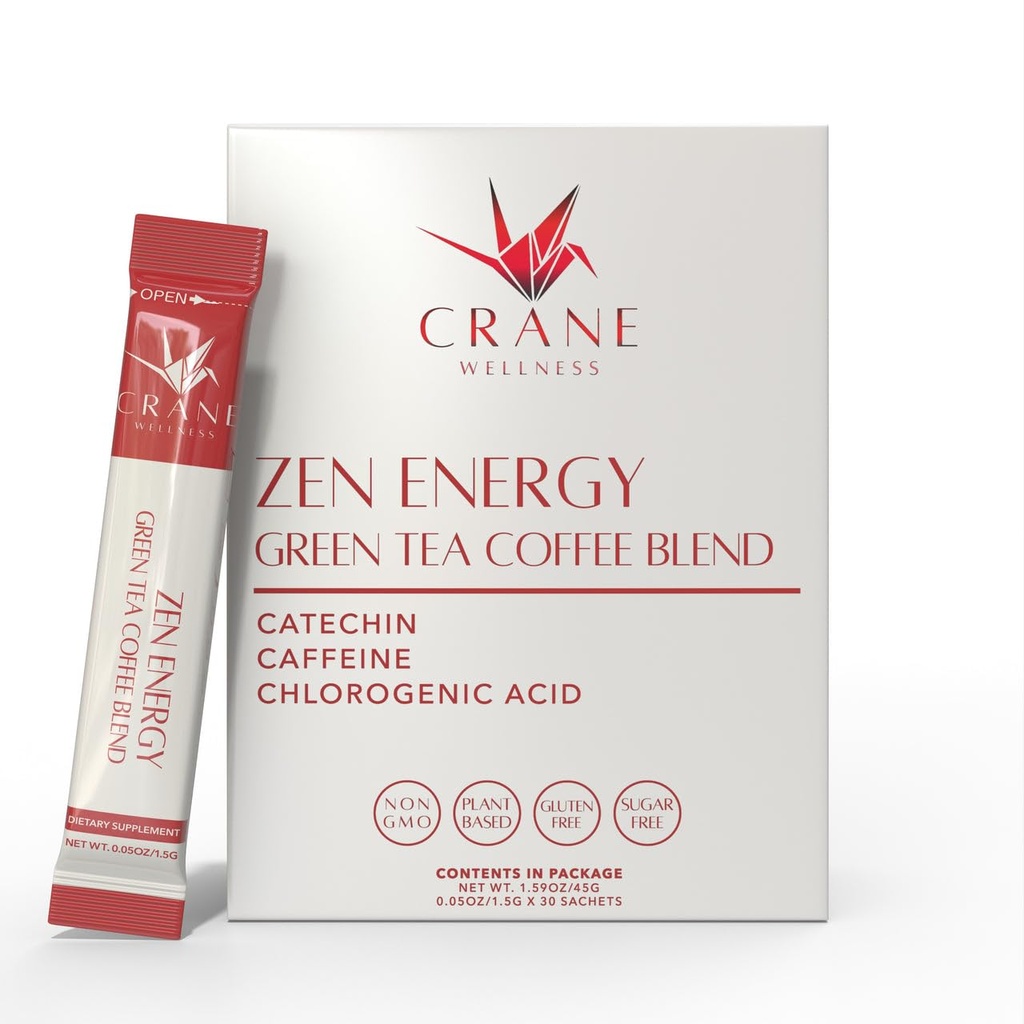 ZEN ENERGY GREEN TEA AND COFFEE BLEND - Made in Japan, Non-Gmo Measures 124; 30 Individuelle sachets Measures 124; Hot or Iced