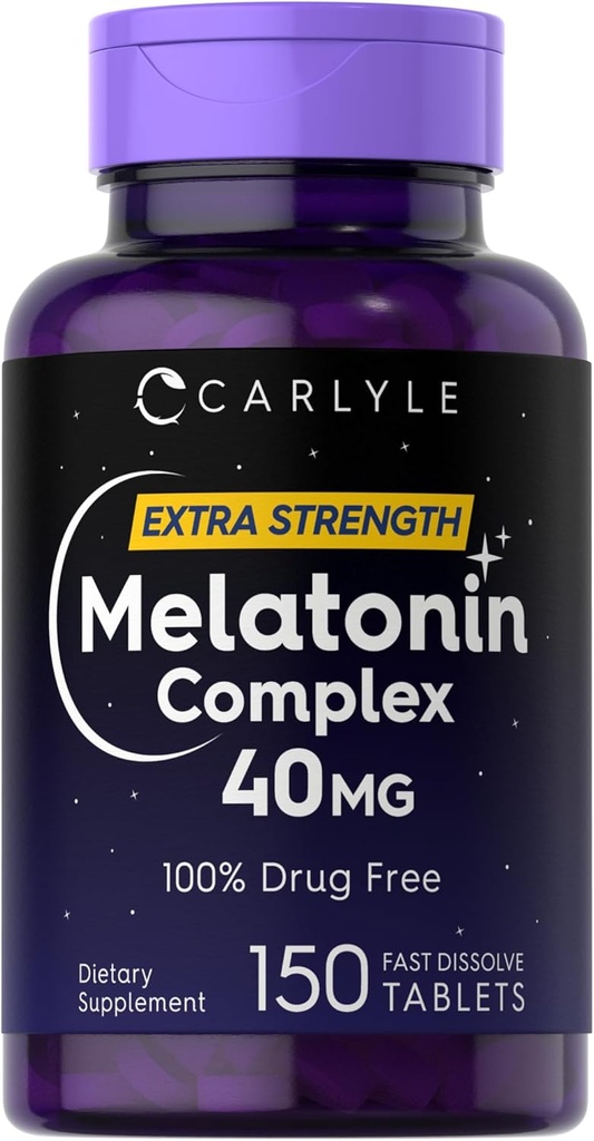 Carlyle Melatonin 40 mg Complex 12 4; 150 Fast Opløs tablets 12 4; Ekstra styrke Support 124; med Ashwagandha og Kamille 12 4; Vegetar, Non- GMO, Gluten Free Supplement