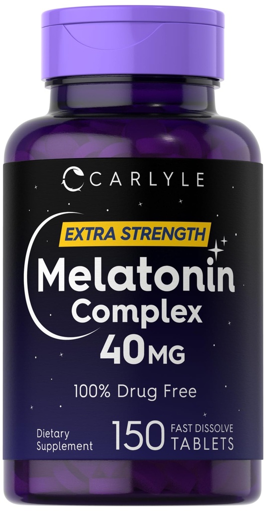 Carlyle Melatonin 40 mg Complex 12 4; 150 Fast Opløs tablets 12 4; Ekstra styrke Support 124; med Ashwagandha og Kamille 12 4; Vegetar, Non- GMO, Gluten Free Supplement