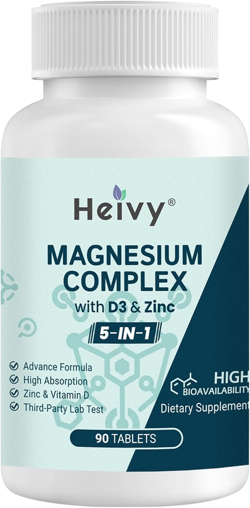 Magnesiumkompleks 3 Pack, Magnesiumglycinat, Citrat, Malat, Oxid, Gluconat med zink og D3- vitamin, Magnesiumtillæg for muskel, nerve, hjerte, benstøtte, høj absorption, 270 tabletter