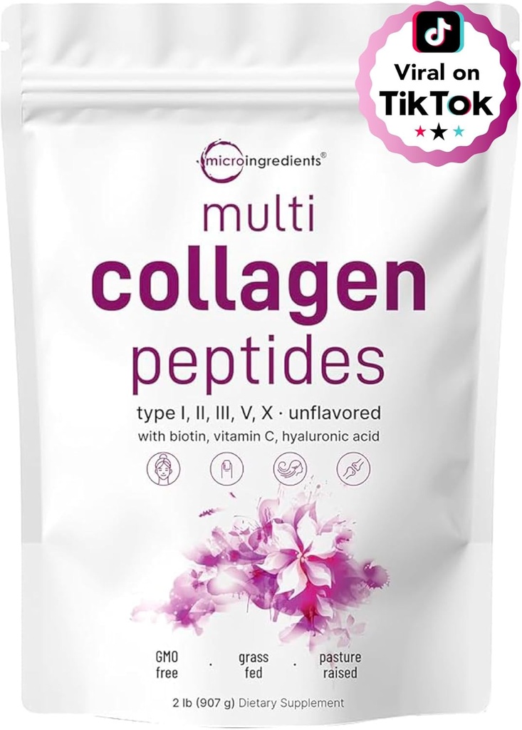Mikroingredienser Multi Collagen Peptider Powder, 2lb Budding 124; Type I, II, III, V, X + Biotin, C-vitamin & Hyaluronic Acid Budding 124; Unflavored Budding 124; Understøtter hår, hud & fælles sundhed Budding 124; Keto, Non- GMO