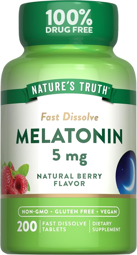 Nature 's Truth Melatonin 5mg Fast Dissoll Tablets against 124; 200 Greve # 124; Natural Berry Flavor # 124; Vegan, Non- GMO & Gluten Free Supplement