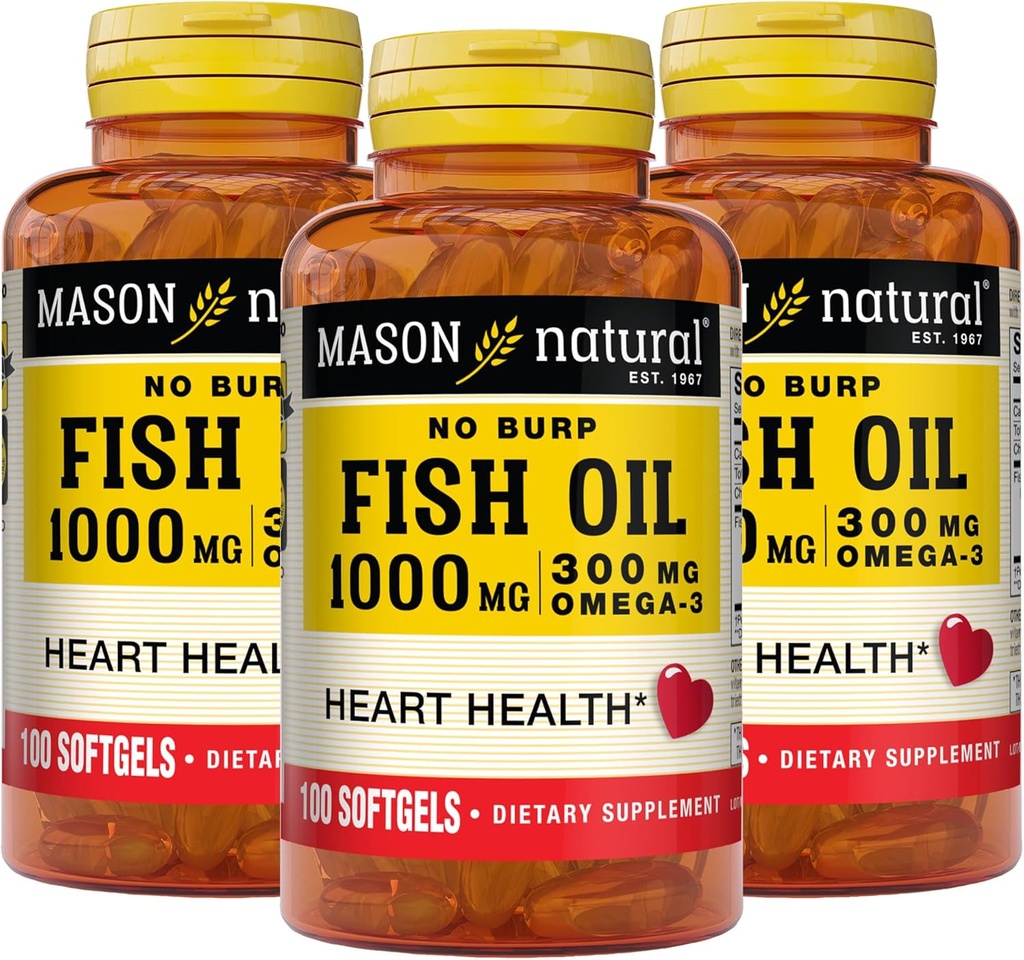 Mason Natural No Burp Fish Oil 1000 mg Omega, 3 300 mg, Understøtter Normal Heart Health, 100 Softgels (pakke med 3)