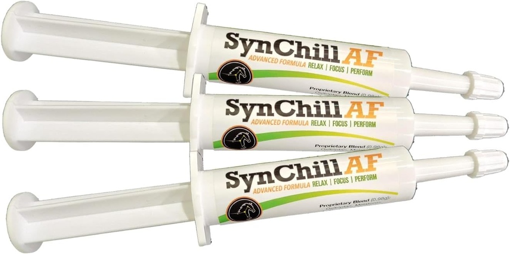 SynChill AF Calming Gel til nervøse heste - Single Serving - Avanceret formel med L- Theanine, Øget potens, 100% Natural Supplement, Disposition & Tillid Support til heste - 3 Pack