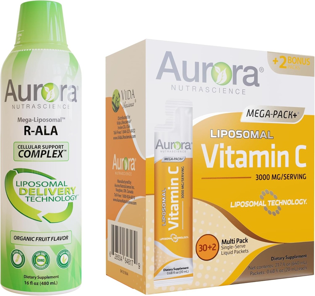 Aurora Nutrascience Mega- Liposomal R- ALA med CoQ10 & L- Carnitin Complex & Mega Liposomal Vitamin C, 3000 mg Bundle