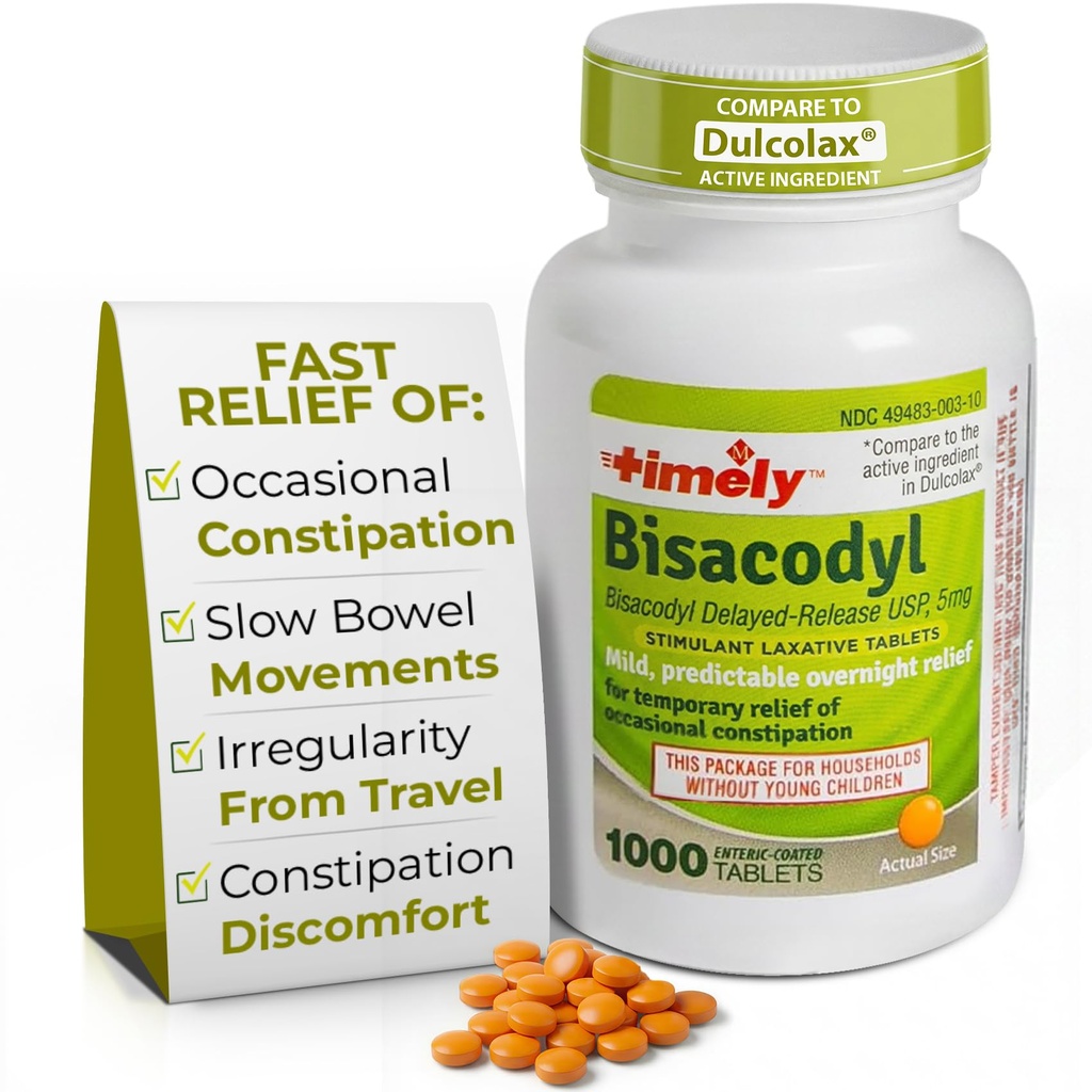 Timely Laxative Bisacodyl 5mg Tablets - Stimulerende Laxatives for Constipment Fast Actioning & Gentle - Overnatning Constipation Relief for voksne - 1000 Tablets