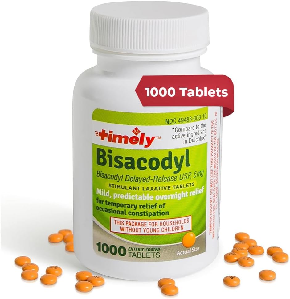 Timely Laxative Bisacodyl 5mg Tablets - Stimulerende Laxatives for Constipment Fast Actioning & Gentle - Overnatning Constipation Relief for voksne - 1000 Tablets