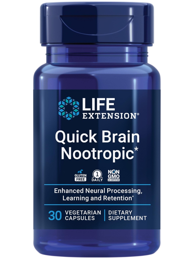 Life Extension Quick Brain Nootrop, Hurtig tænkning, Læring, Koncentration, Lutein, zeaxanthin, gotu kola, bacopa, Gluten Free, Non- GMO, Vegetar, 1 Daily, 30 Kapsler