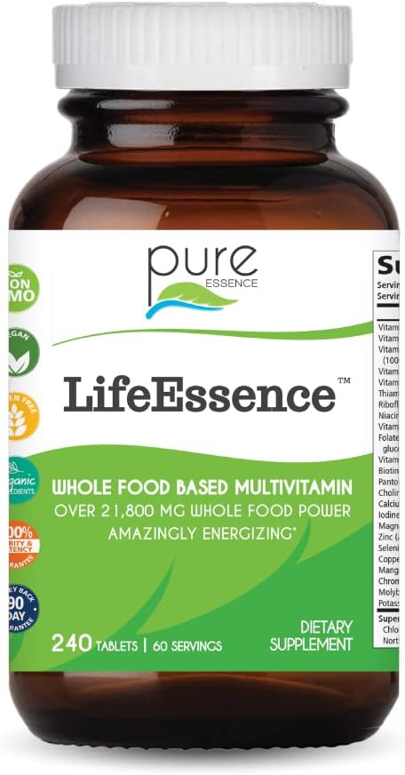 PURE VÆSENTLIGE ETIKETTER LifeEssence Multivitamin til kvinder og mænd - Naturlige Herbal supplement - D-vitamin, D3- vitamin, B12-vitamin, biotin med hele fødevarer (240 tabletter)