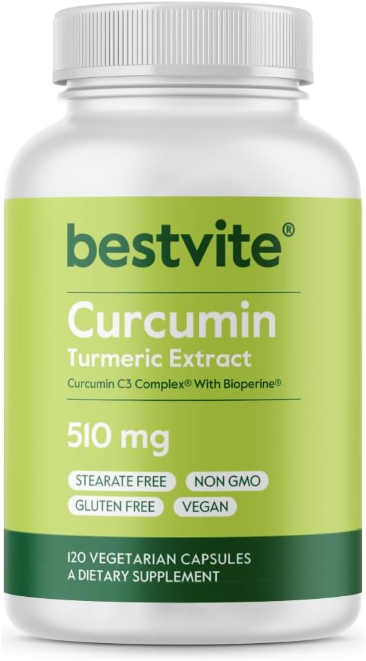 BESTVITE Curcumin 510mg (gurkemeje) (120 Vegetariske Kapsler) med Curcumin C3 Complex & Bioperine - Standardiseret til 95% Curcuminoider - Ingen Stearates - Vegan - Ikke GMO - Gluten Free