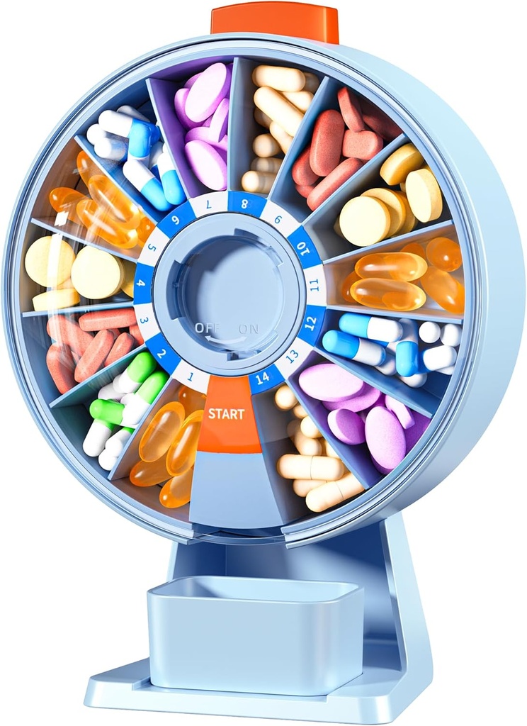 Zoksi Stor Pill Organizer, Daily Pill Box for 7 eller 14 dage, Wall- Mountable Pill Dispenser Hold for medicin, Vitamin eller Kosttilskud, Ugentlig Pill sag med nem trykknap (blå)