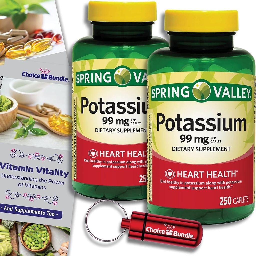 Valg Bundle Spring Valley Kalium Heart Health Kosttilskud Caplets 99 mg 250 CT 2 pk (500 i alt) + "Vitality" Guide & Keychain Pill Container (4 genstande)!