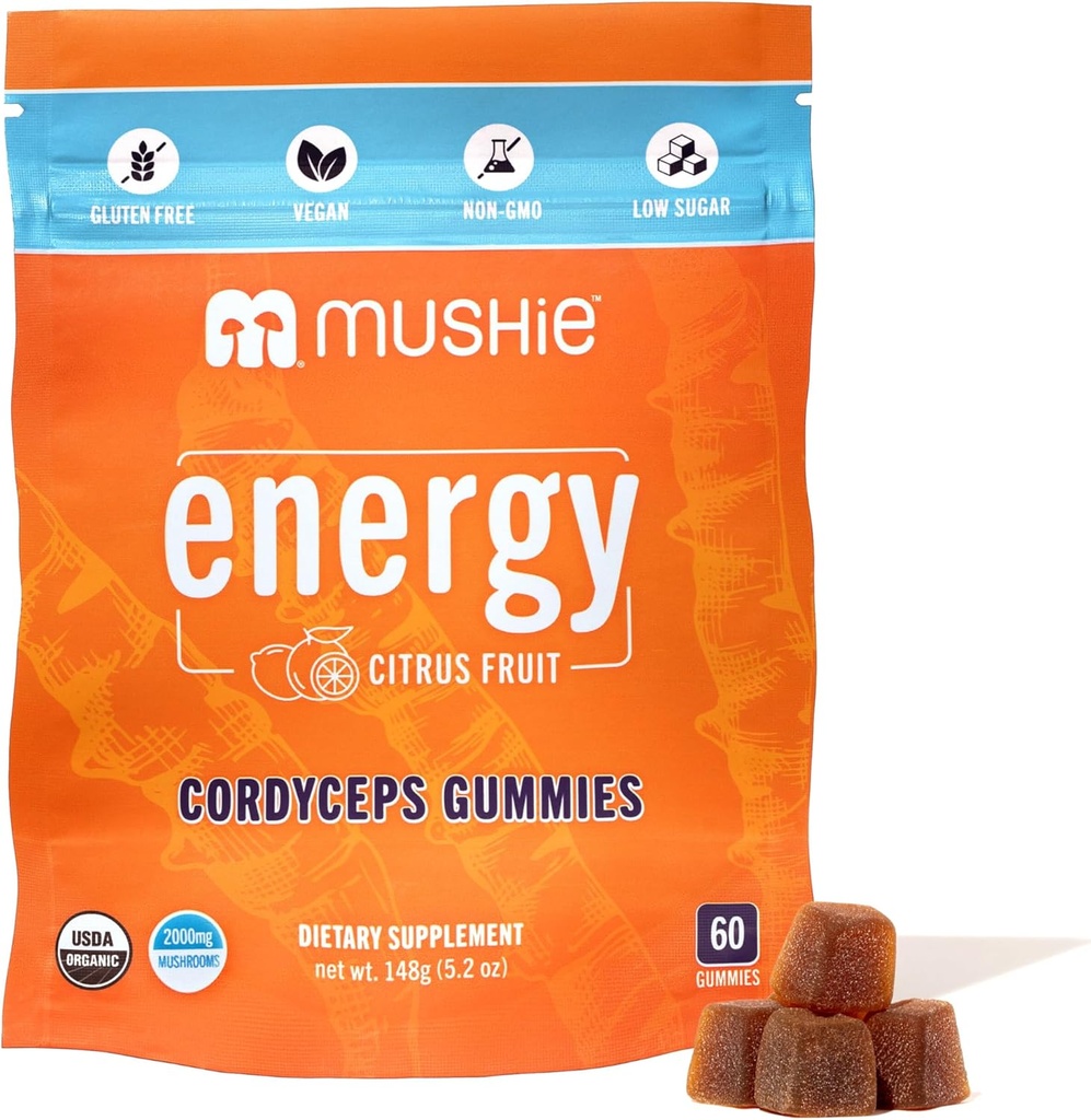 Mushie 100% Organic Cordyceps Mushroom Gummies - 2000mg Cordyceps Militars Nootrope til energi & immunstøtte med D-vitamin - Vegan, Gluten- Free - 60 Greve