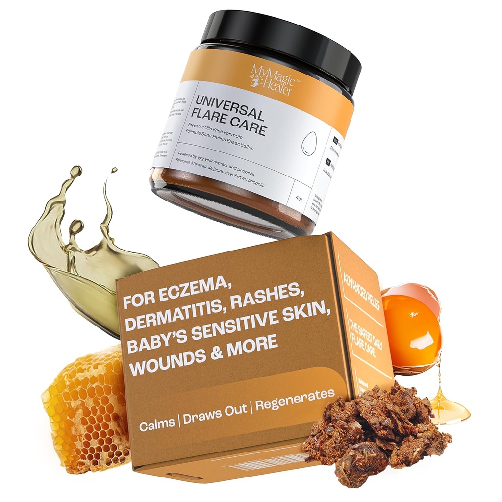 MyMagicHealer Universal Flare Care er 124; Essential Oil Free, 124; Relief for udslæt, Eczema, Psoriasis, Hidradenitis Suppurativa, Impetigo, Dermatitis, Sårpleje, Følsomme Hud w / Propolis & Egg Yolk 4 oz