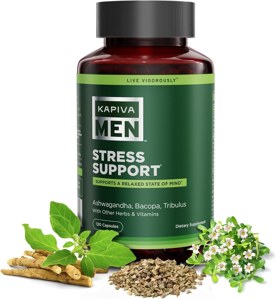 Stress Support Supplement with Ashwagandha, Bacopa, Tribulus, and Other Herbs and Vitamins, Supports Relaxed State of Mind, 60 Day Supply, 120 Capsules
