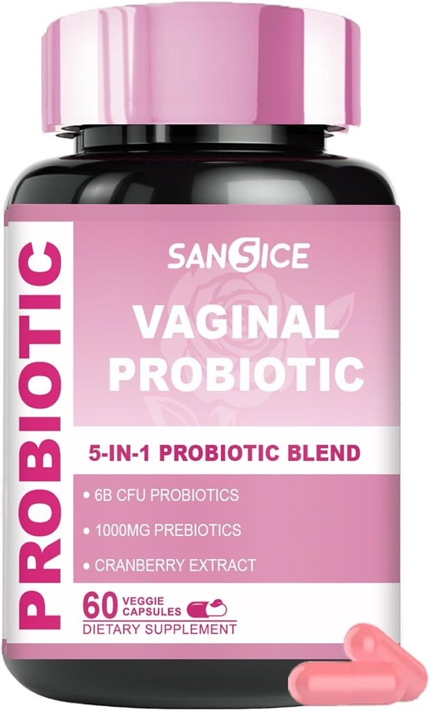 Vaginal Probiotika Supplement for kvinder, 70mg Kvinde V- Probiotisk Blend (6B CFU), Lactobacillus med Prebiotic & Cranberry Extract for Vaginal Odor, pH Balance, Organic Prebiotic Supplement (60 kapsler)
