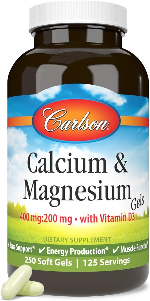 Carlson - Calcium & Magnesium Gels, 2: 1 Calcium til Magnesium Ratio, 200 mg Calciumsupplement, 100 mg Magnesiumsupplement, Knoglestøtte, Energiproduktion, 250 Softgel