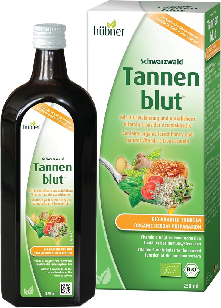 Hubner Tannenblut Økologisk Urteforberedelse, Honey Hough Syrup, Cold and Sore Throat Support, Lindrende Relief, C-vitamin supplement til voksne og børn 4 og ældre, Kosher og Alkohol- Free, 250 ml
