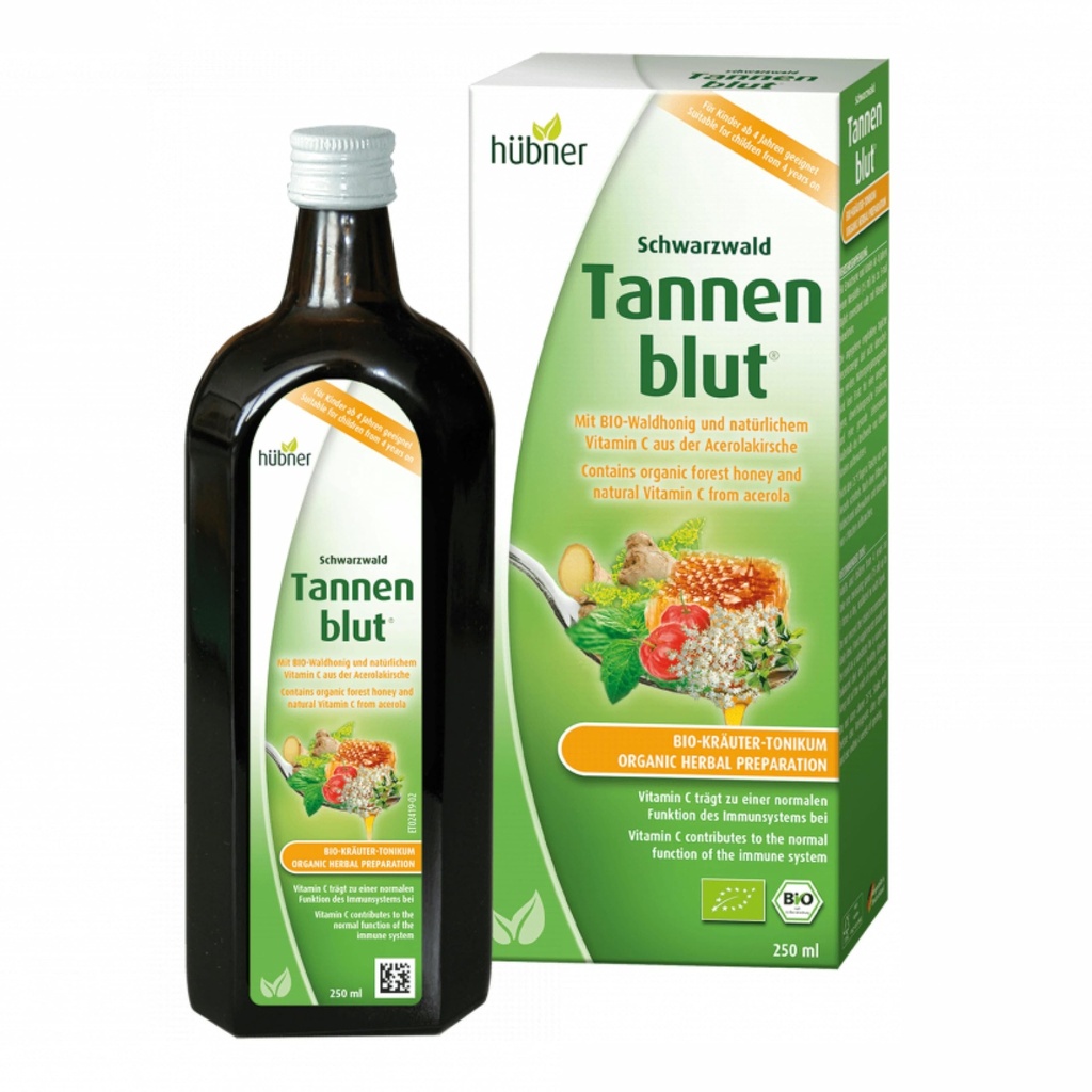 Hubner Tannenblut Økologisk Urteforberedelse, Honey Hough Syrup, Cold and Sore Throat Support, Lindrende Relief, C-vitamin supplement til voksne og børn 4 og ældre, Kosher og Alkohol- Free, 250 ml