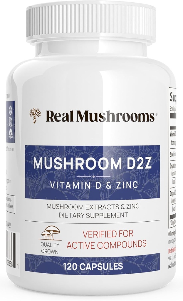 Ægte svampe Zink og vitamin D2 kapsler - med Organic Chaga og Reishi Mushroom Ekstrakter - Vitaminer for total wellness support - Vegan, Non- GMO, Gluten- Free - 120 Count Mushroom supplement