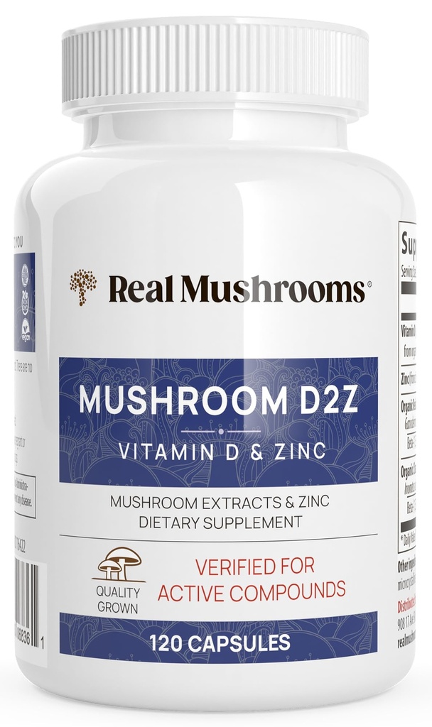 Ægte svampe Zink og vitamin D2 kapsler - med Organic Chaga og Reishi Mushroom Ekstrakter - Vitaminer for total wellness support - Vegan, Non- GMO, Gluten- Free - 120 Count Mushroom supplement