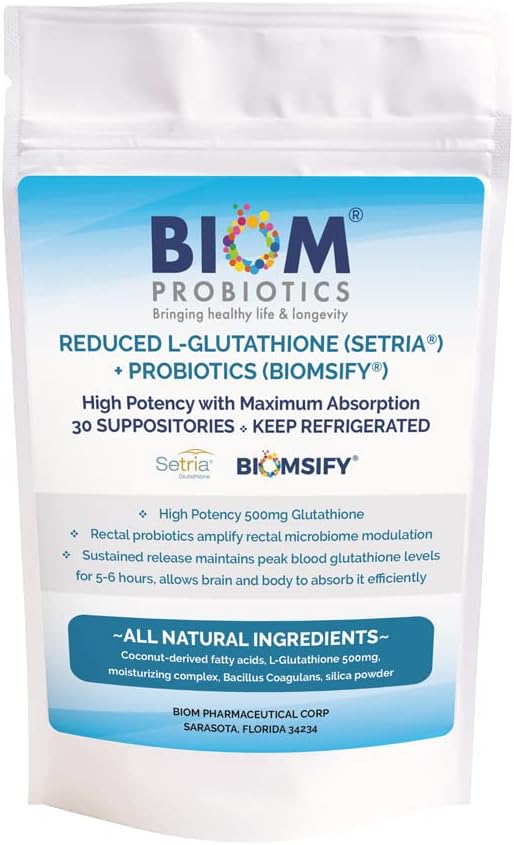 Høj potens 500mg Reduceret L- Glutathion (Setria Brand) + Probiotisk Suppository. Maksimal biotilgængelig Glutathion Formulering med stærke antioxidanter. Probiotiske komplementer Formuleringen