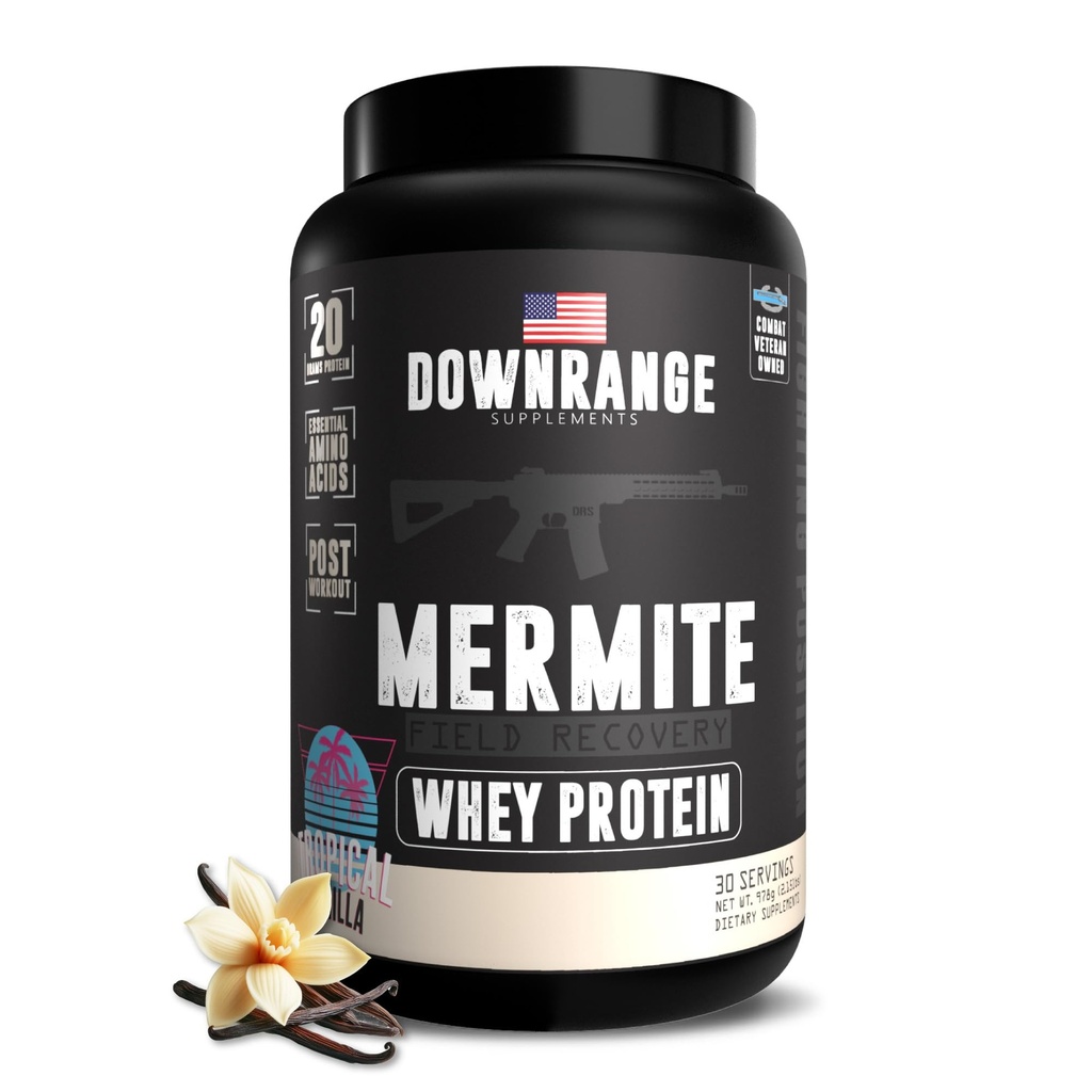 DownRange Mermite Whey Protein Powder, Post Workout Muscle Recovery & Energy Support, Drik mix supplement med 20g Whey Protein, 9g Aminosyre, 30 Servere (Vanilla)