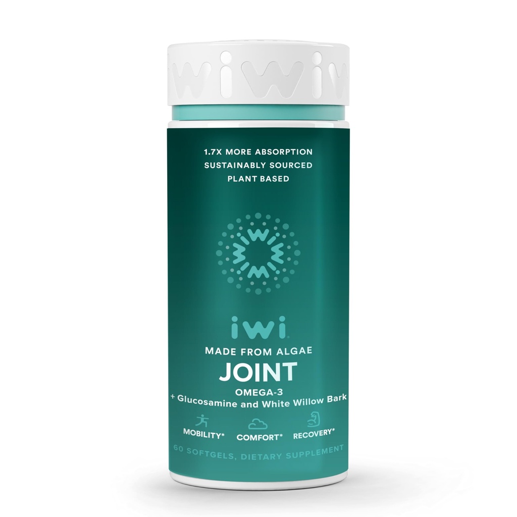 Iwi Life Joint Omega-3, 60 Softgels (30 Servere), Plant- baserede Alger Omega-3 med Glucosamin, Mobility Support Kosttilskud, Krill & Fish Oil Alternative, Ingen Fishy Aftersmage