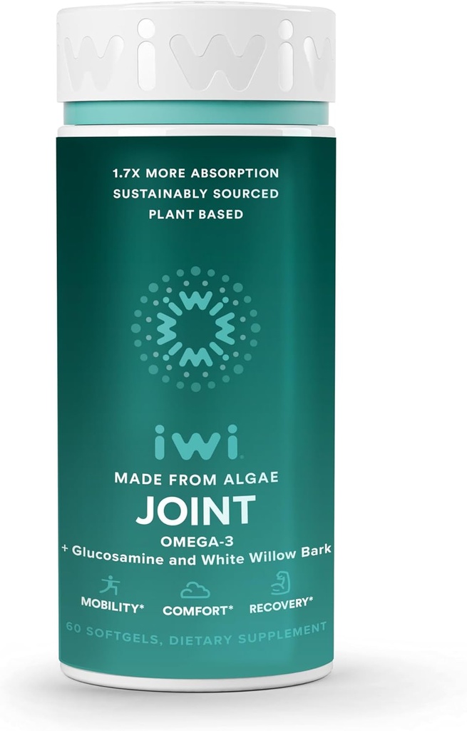 Iwi Life Joint Omega-3, 60 Softgels (30 Servere), Plant- baserede Alger Omega-3 med Glucosamin, Mobility Support Kosttilskud, Krill & Fish Oil Alternative, Ingen Fishy Aftersmage