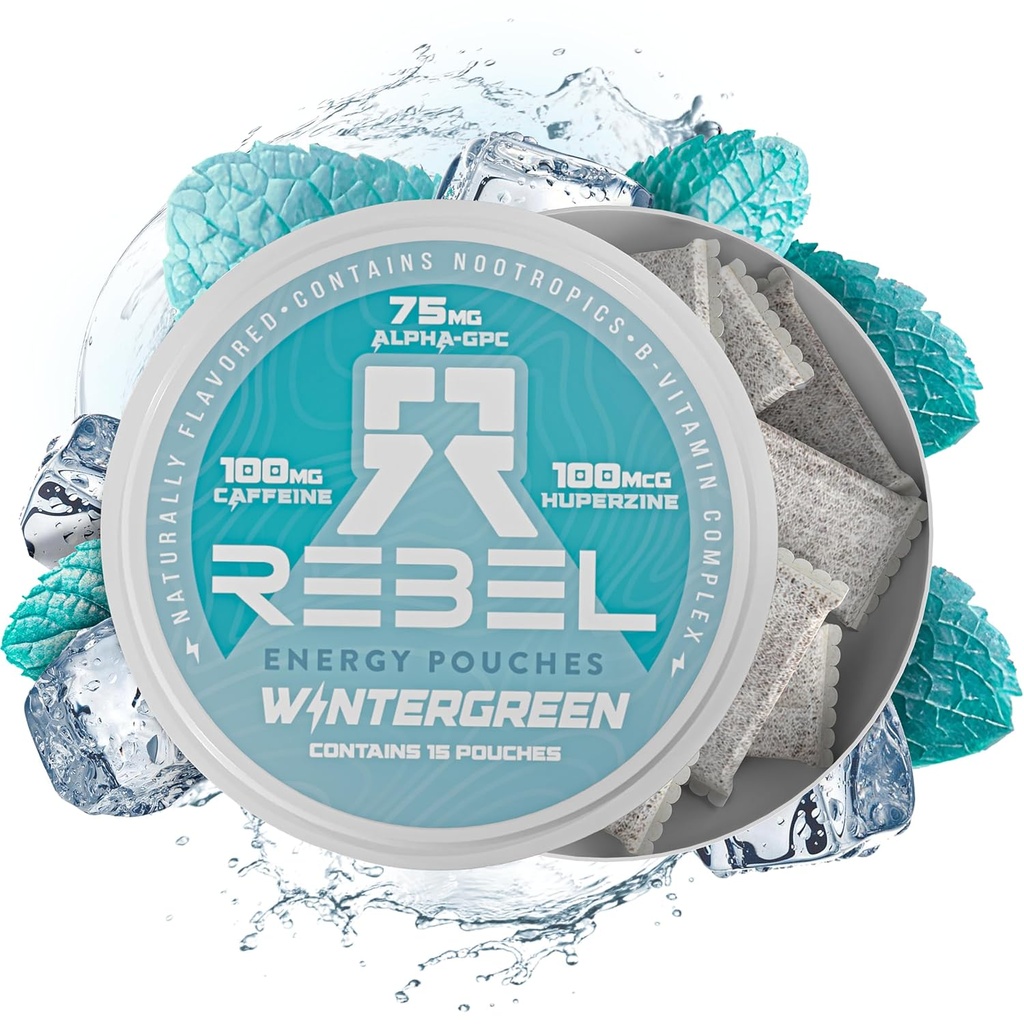 Nootropic Energy Caffeine Pouches • 100mg Caffeine • Alpha GPC • Huperzine A & Essential Vitamins • Sugar-Free • Coconut Fiber Technology • Wintergreen Flavor • 15 Pouches Per Can (Pack of 1)