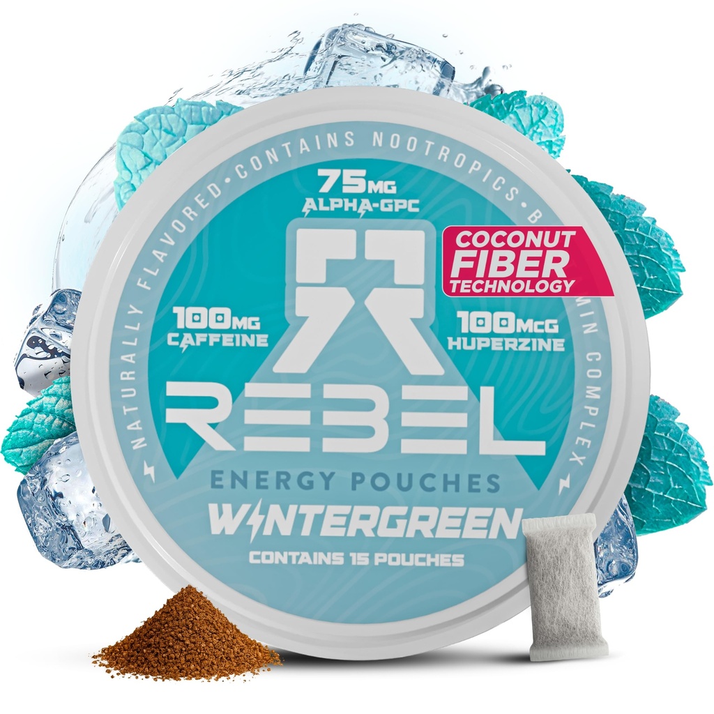Nootropisk energi Koffein Pouches • 100 mg Koffein • Alpha GPC • Huperzine A & Essentielle vitaminer • Sugar- fri • Kokos Fiber Technology • Wintergreen Flavor • 15 Pouches Per Can (pakke med 1)