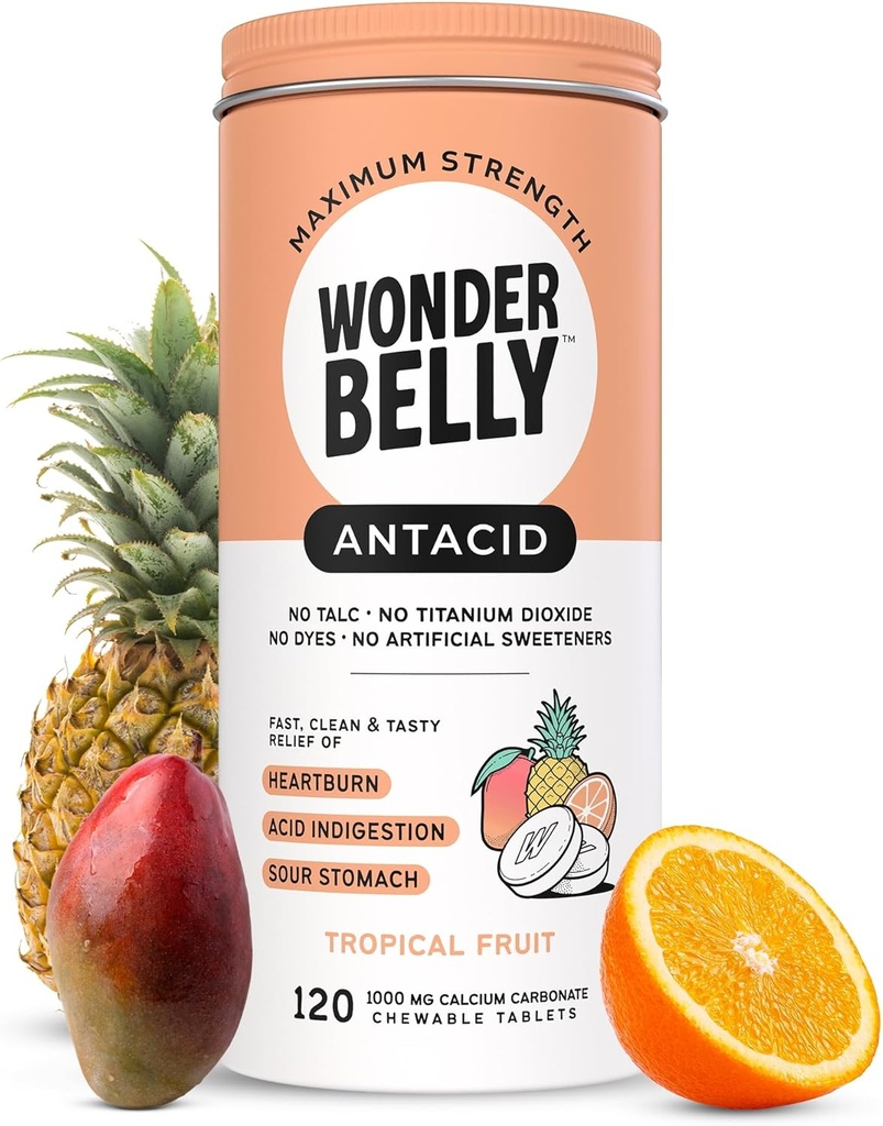 Wondermave Antacida, Effektiv Heartburn og Instant Acid fordøjelsesbesvær Relief, Ekstra styrke tyggetabletter, 1000 mg Calciumcarbonat, Ingen talkum eller farvestof, Tropiske frugter, 120 Greve
