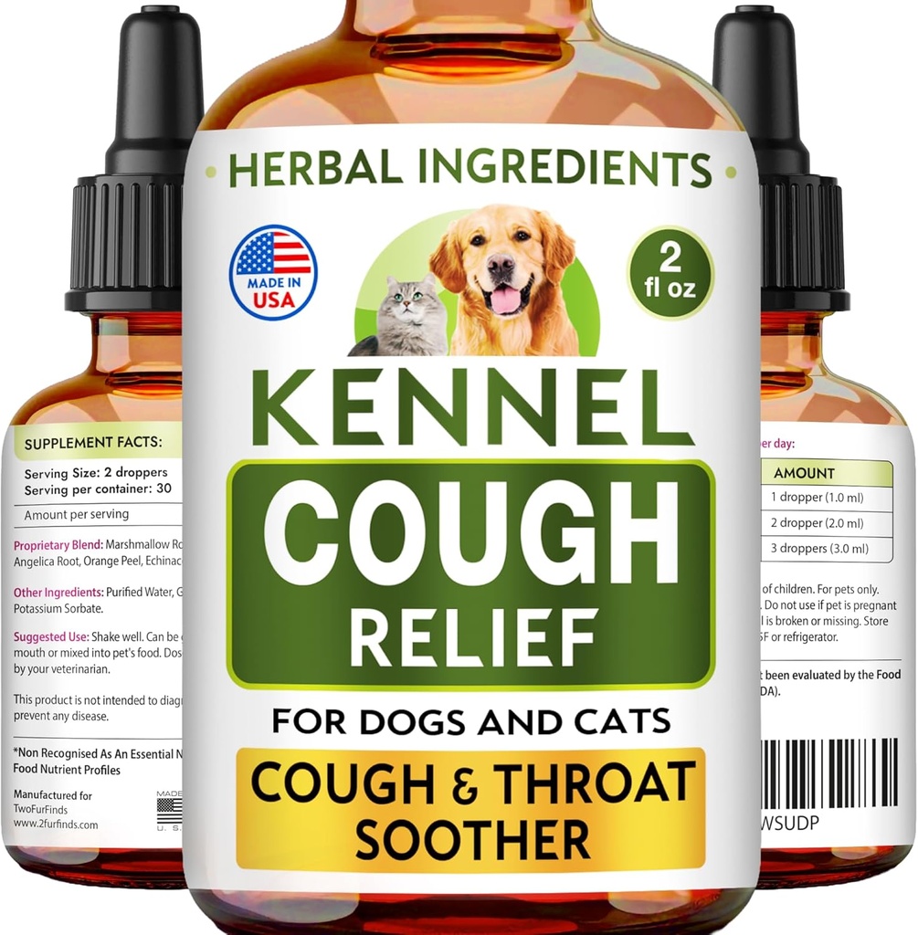 Kennel Hoste Behandling Flydende - Host suppressant til hunde & katte - Hals Soother - Tør, Wet & Barky Pet Hough Relief til alle racer - Kollaps Trachea & Kat Astma Support - Made in USA - 2 Fl Oz