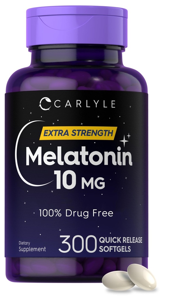 Carlyle Melatonin 10mg • 124; 300 Softgels • 124; Ekstra styrke støtte til voksne • 124; Non- GMO, Gluten Free Supplement