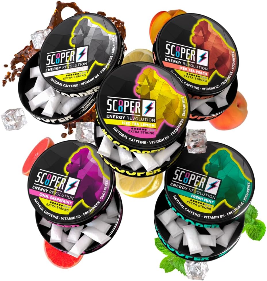 Scooper Energy I 5 dåser I All- in- One- Box I Energy Pouches Sugarfree I 80 mg Natural Coffein All Flavour Pack I 12 Pouches I Cool Grapefrugt, Fresh Mint, Iced Cola, Iced Peach & Lemon Tea