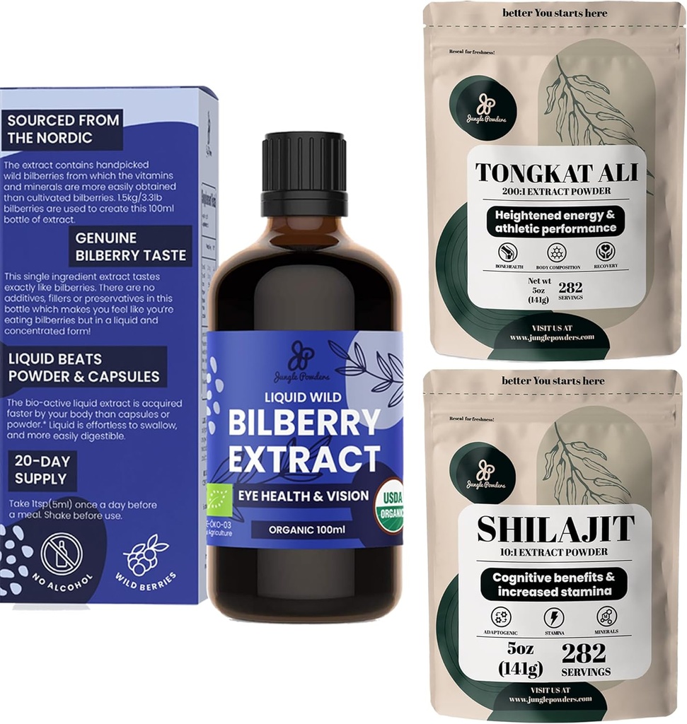 Jungle Powders Bilberry Extract for Eyes Organic Bilberry Supplement for Eyes, Shilajit Powder Raw Shilajit for Mænd 5 Ounce Bag, Tongkat Ali for Mænd Powder 282 Servere Tonkat- Ali Longjack Root