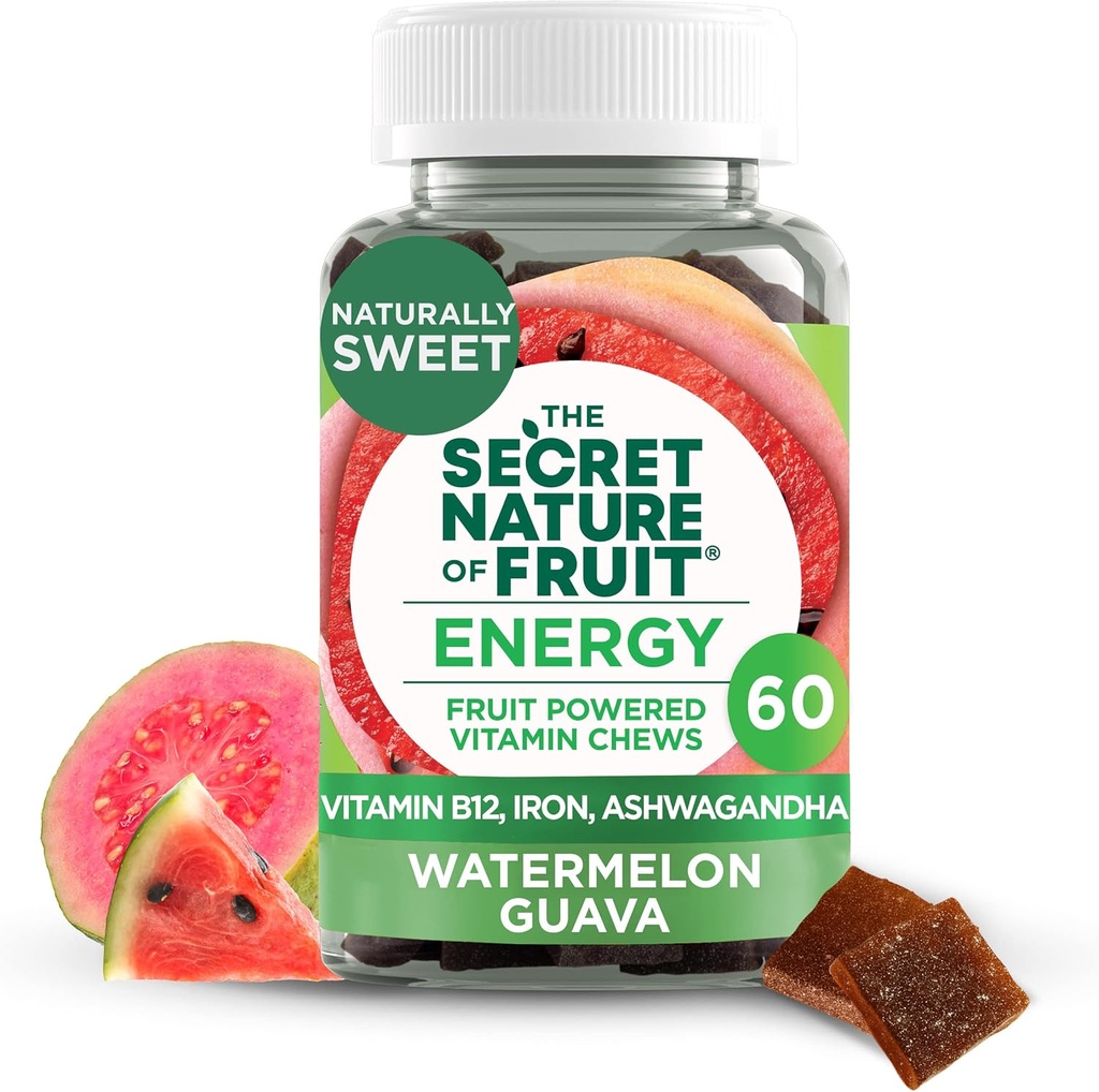 Den hemmelige karakter af frugt energi tygger, Real Fruit drevet Vitamin Tygge med vitamin B12, Jern, Ashwagandha, Watermelon & Guava for lang levetid energi (60 Greve), Pink