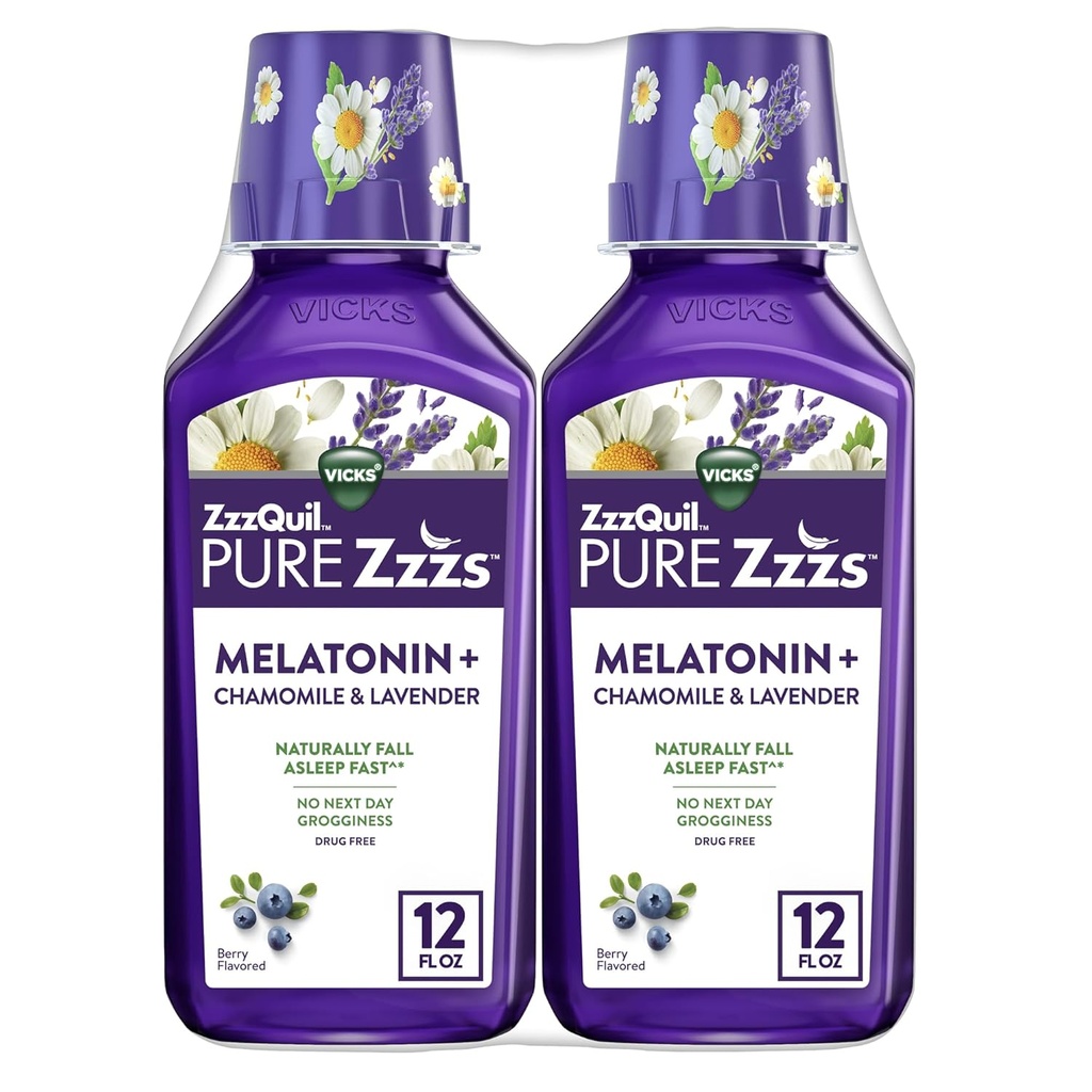 ZzzQuil Pure Zzzs Melatonin Liquid, Sleep Aid, Liquid Melatonin 2mg, with Chamomile & Lavender, Fall Assaple Fast, Melatonin Sleep Aid for voksne, Berry Flavored, 2 Pack, 24 FL OZ