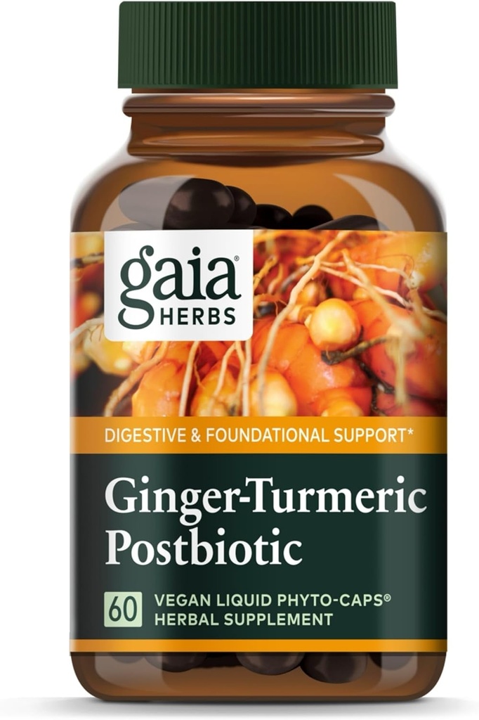 Gaia urter Ginger- Gurkemeje Postbiotik - Premium fordøjelsestilskud for Gut Health - Lavet med Gurkemeje & Ginger - Gratis fra Dairy, Soy & Gluten - 60 Veganske kapsler (30 Servere)