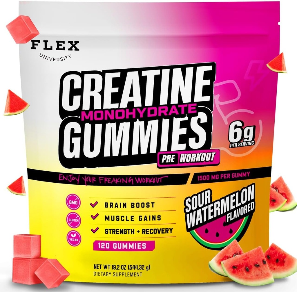 Creatine PreWorkout Gummies for Mænd Kvinder 6g, Creatine monohydrat Pre Post Workout Recovery Muscle Building Supplement Protein Chewables, Vegan Watermelon Creatina Gym Booty vækstgevinster (120 Ct)