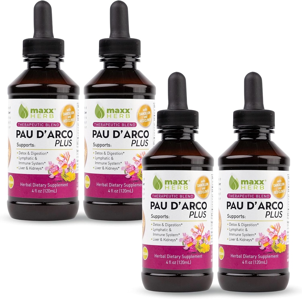 Maxx Herb PAU D 'Arco Extract med Mælelion Root & Red Clover Therapeutic Blend, PAU Darco Tincture Absorbs Bedre end Taheebo Tea eller kapsler, til immunforsvar, 4 flasker (240 Servere)